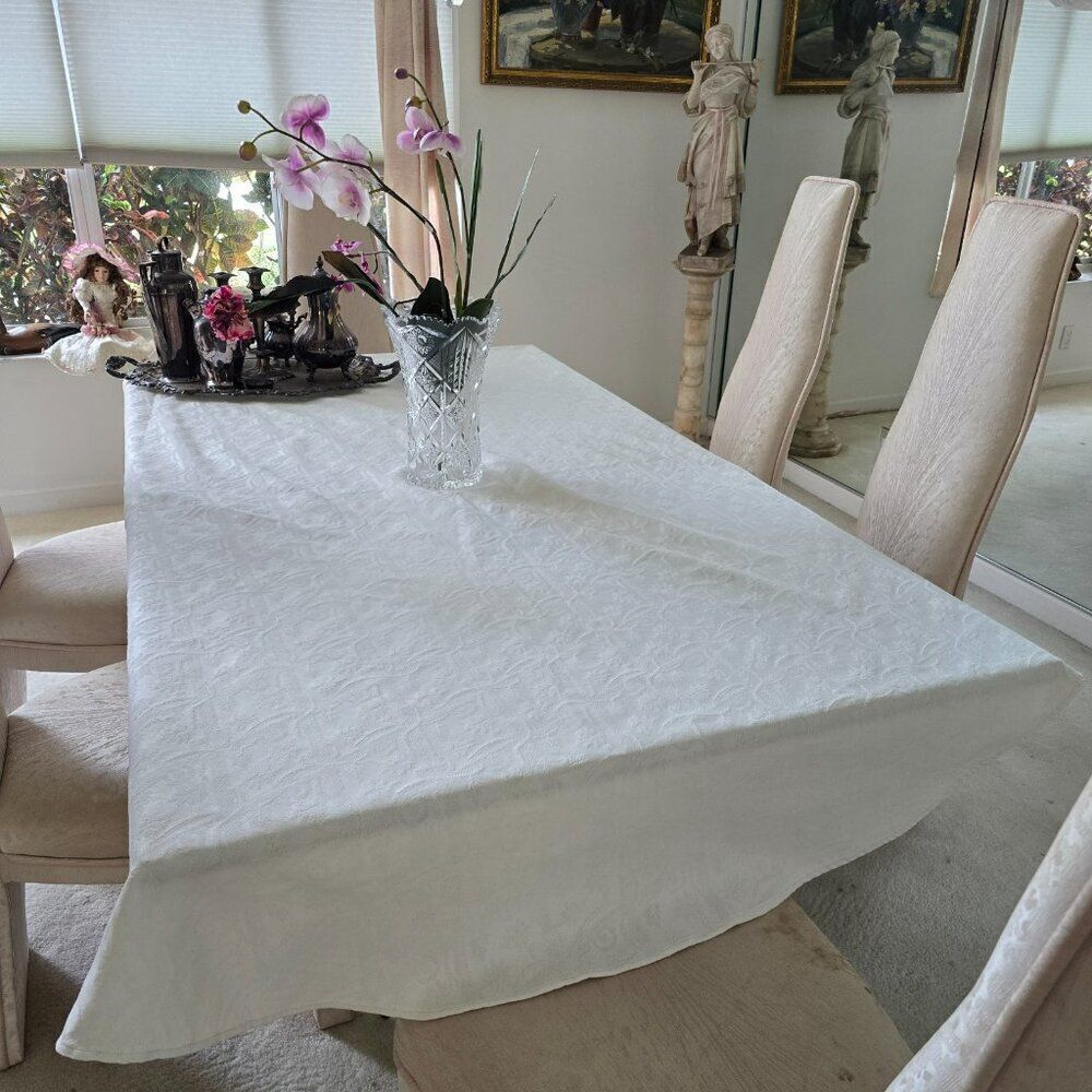 Vintage Handmade Tablecloth Textured Fabric Beige Rounded Oblong 89” x 68” - Picture 3 of 6